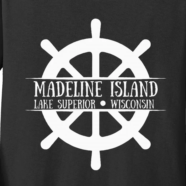 Madeline Island Lake Superior Wisconsin Ship Wheel Kids Long Sleeve Shirt