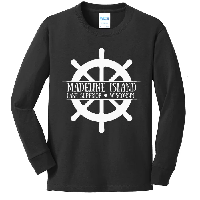 Madeline Island Lake Superior Wisconsin Ship Wheel Kids Long Sleeve Shirt