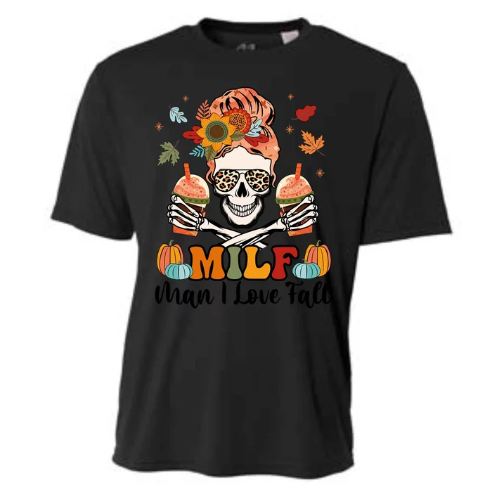 Milf I Love Fall Skeleton Pumpkin Spice Messy Bun Mom Gift Cooling Performance Crew T-Shirt