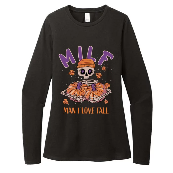 Milf I Love Fall Funny Skeleton Pumpkin Halloween Cool Gift Womens CVC Long Sleeve Shirt