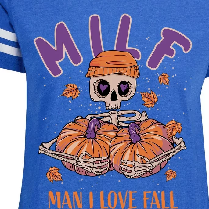 Milf I Love Fall Funny Skeleton Pumpkin Halloween Cool Gift Enza Ladies Jersey Football T-Shirt