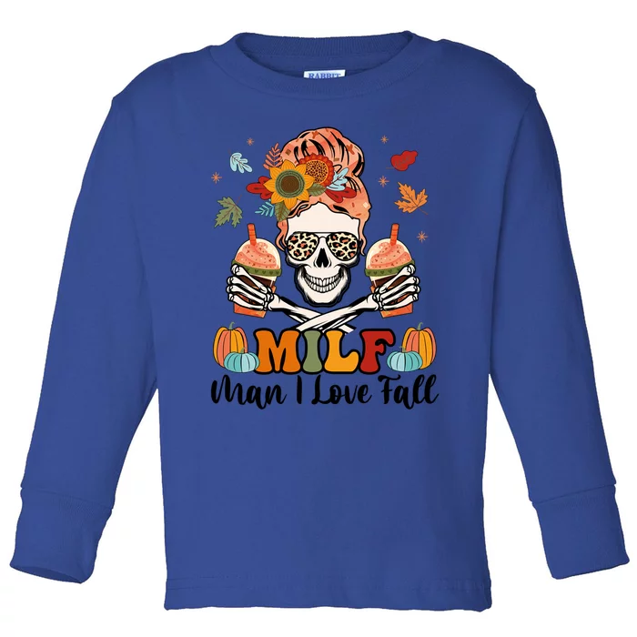 Milf I Love Fall Skeleton Pumpkin Spice Messy Bun Mom Gift Toddler Long Sleeve Shirt