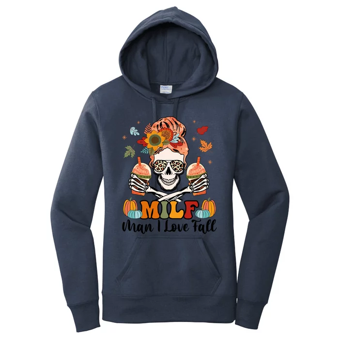 Milf I Love Fall Skeleton Pumpkin Spice Messy Bun Mom Gift Women's Pullover Hoodie