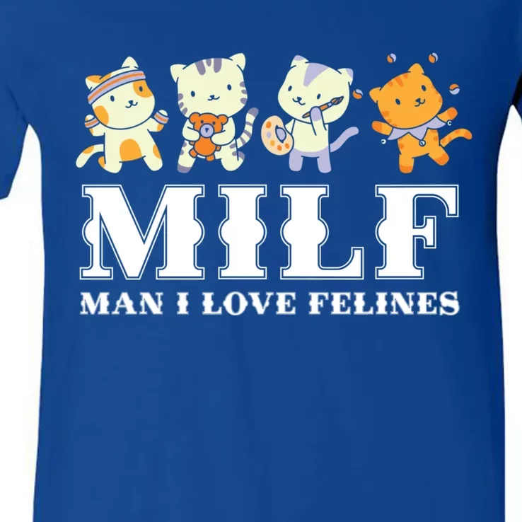 Milf I Love Felines Cats Funny Cat Lovers For Cat Lover Gift V-Neck T-Shirt