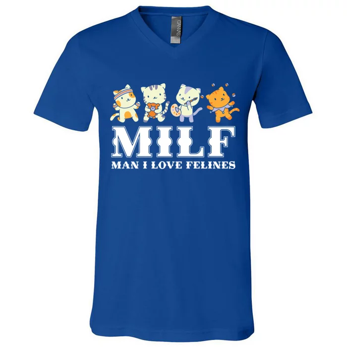 Milf I Love Felines Cats Funny Cat Lovers For Cat Lover Gift V-Neck T-Shirt