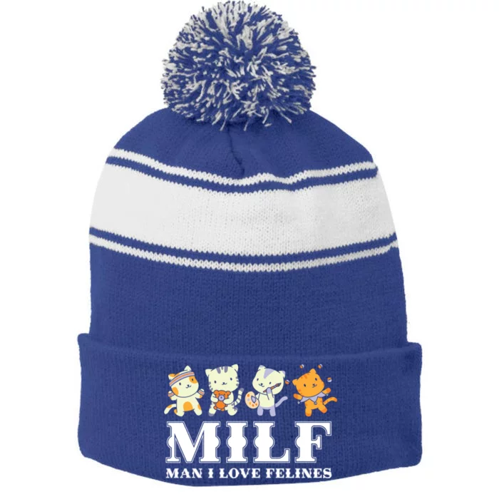 Milf I Love Felines Cats Funny Cat Lovers For Cat Lover Gift Stripe Pom Pom Beanie