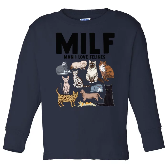 Milf I Love Felines Funny Cat Vintage Gift Toddler Long Sleeve Shirt