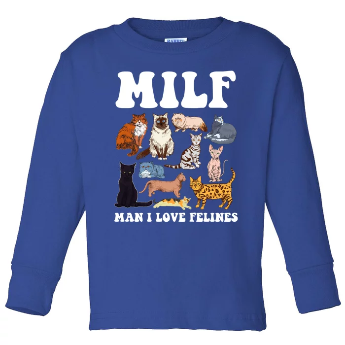 Milf I Love Felines Funny Cat Vintage Gift Toddler Long Sleeve Shirt