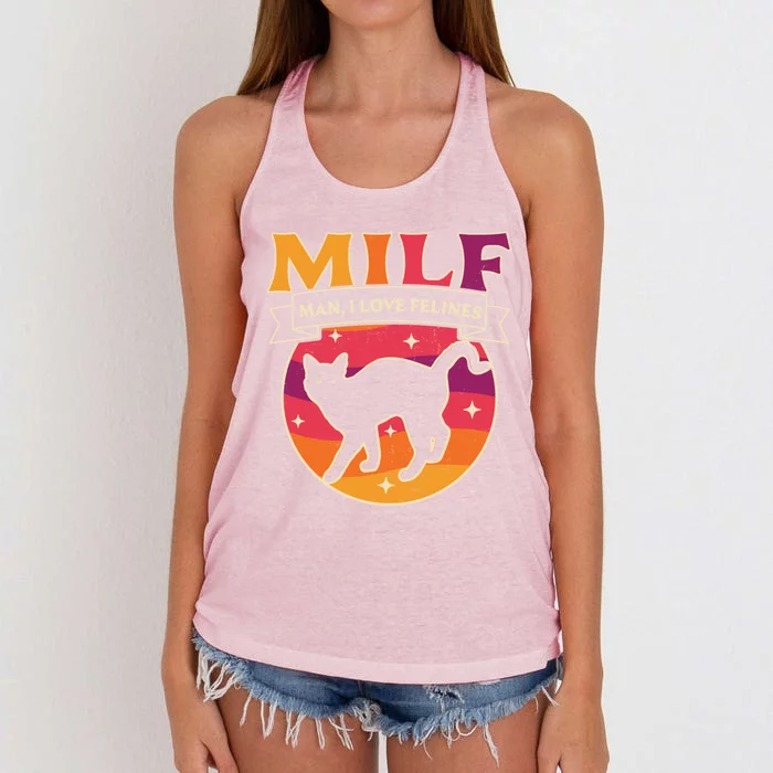 Milf I Love Felines Funny Cats Retro Vintage Black Cat Gift Women's Knotted Racerback Tank