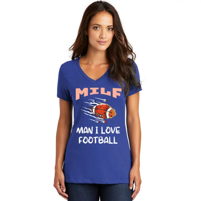 Milf I Love Football Funny Football Lover Gift Women's V-Neck T-Shirt