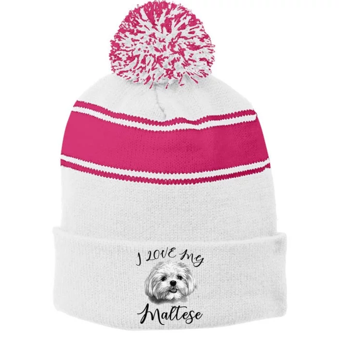 Maltese I Love My Maltese Dog Stripe Pom Pom Beanie