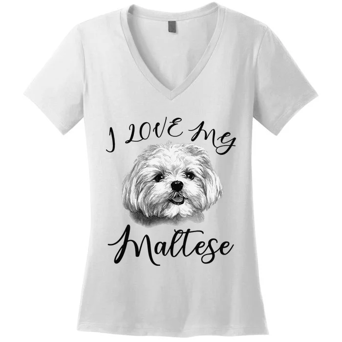 Maltese I Love My Maltese Dog Women's V-Neck T-Shirt