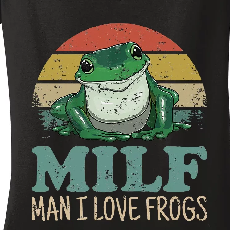 Milfman I Love Frogs Funny Frogamphibian Lovers Women's V-Neck T-Shirt