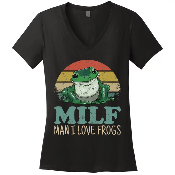 Milfman I Love Frogs Funny Frogamphibian Lovers Women's V-Neck T-Shirt