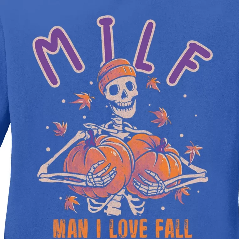 Milf I Love Fall Funny Autumn Pumpkin Skeleton Halloween Cute Gift Ladies Long Sleeve Shirt