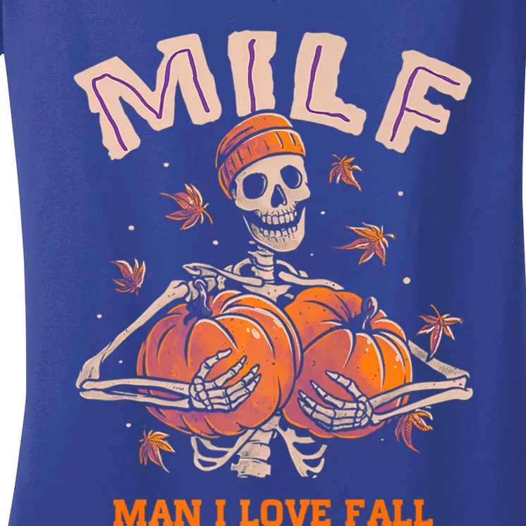 Milf I Love Fall Funny Skeleton Pumpkin Autumn Lover Cute Gift Women's V-Neck T-Shirt