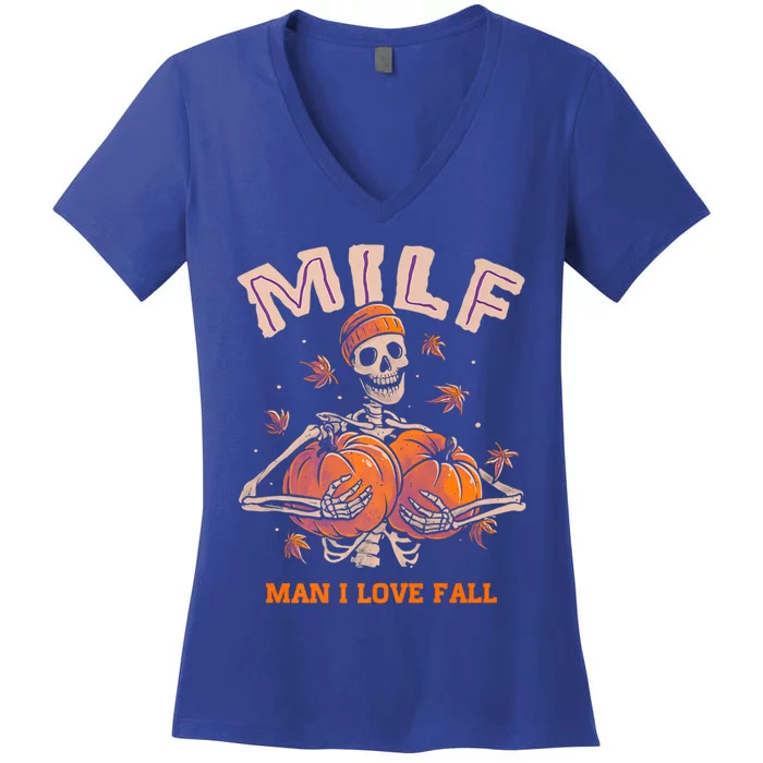 Milf I Love Fall Funny Skeleton Pumpkin Autumn Lover Cute Gift Women's V-Neck T-Shirt