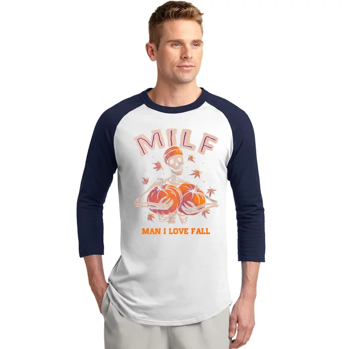 Milf I Love Fall Funny Skeleton Pumpkin Autumn Lover Cute Gift Baseball Sleeve Shirt