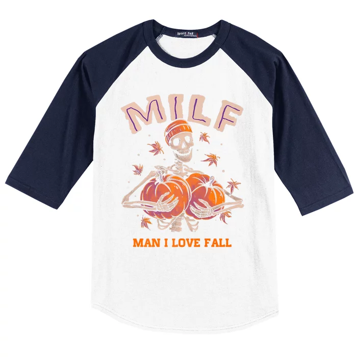 Milf I Love Fall Funny Skeleton Pumpkin Autumn Lover Cute Gift Baseball Sleeve Shirt