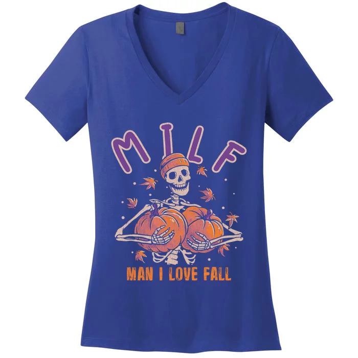 Milf I Love Fall Funny Skeleton Pumpkin Autumn Lover Gift Women's V-Neck T-Shirt