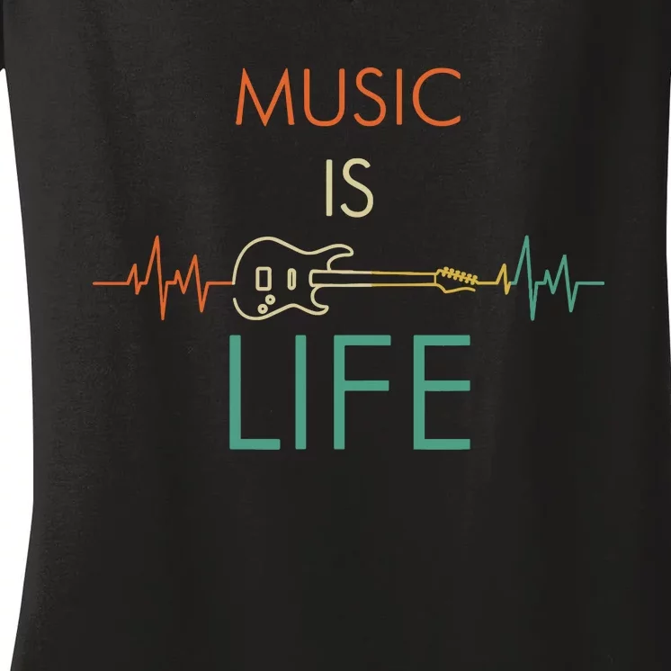 Music Is Life Heartbeat Electric Guitar Music Lover Gift Women's V-Neck T-Shirt