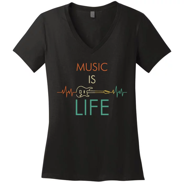 Music Is Life Heartbeat Electric Guitar Music Lover Gift Women's V-Neck T-Shirt