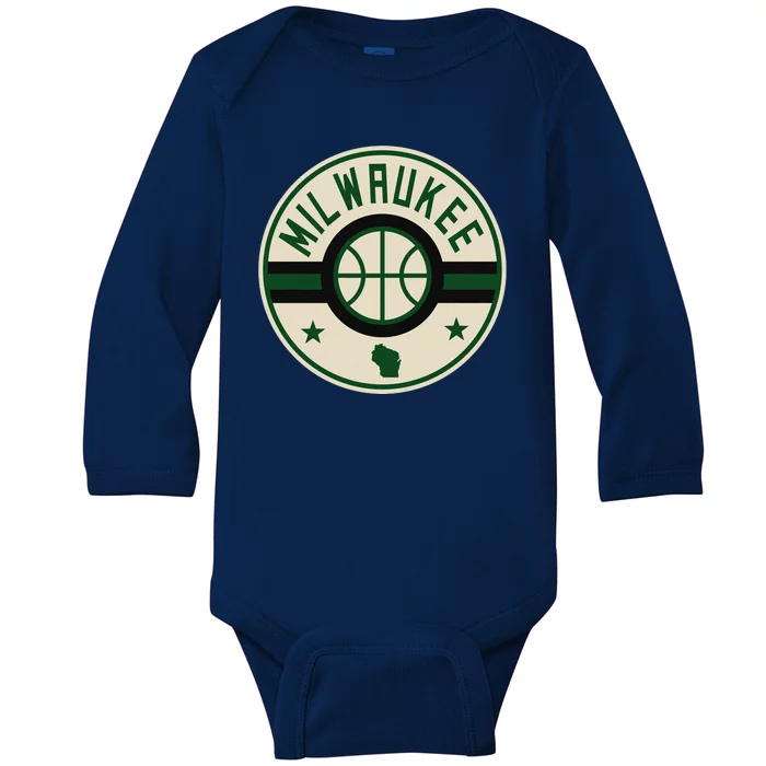 Milwaukee Basketball Stars And Stripes Wisconsin Map Baby Long Sleeve Bodysuit