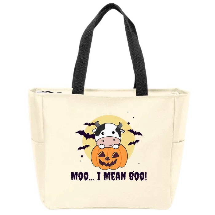 M.oo I Mean Boo Cute Kawaii Halloween Cow Ghost Zip Tote Bag