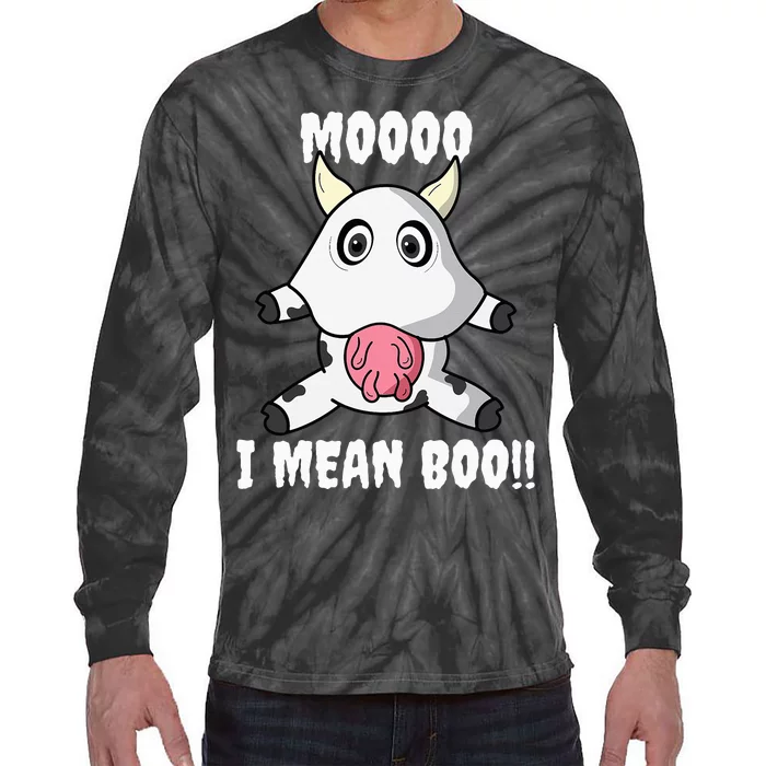 Mooo I Mean Boo Funny Cow Costume Halloween Tie-Dye Long Sleeve Shirt