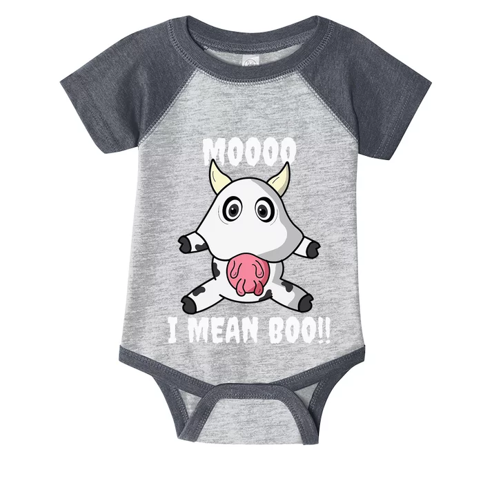 Mooo I Mean Boo Funny Cow Costume Halloween Infant Baby Jersey Bodysuit