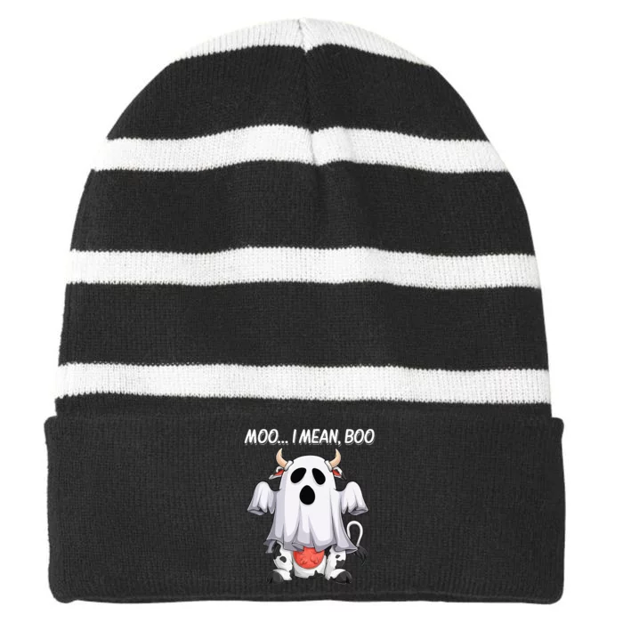 Moo I Mean Boo Ghost Cow Funny Halloween Striped Beanie with Solid Band