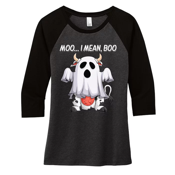 Moo I Mean Boo Ghost Cow Funny Halloween Women's Tri-Blend 3/4-Sleeve Raglan Shirt