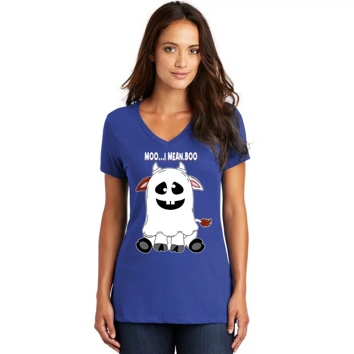 Moo I Mean Boo Funny Cow Halloween Gift Women's V-Neck T-Shirt