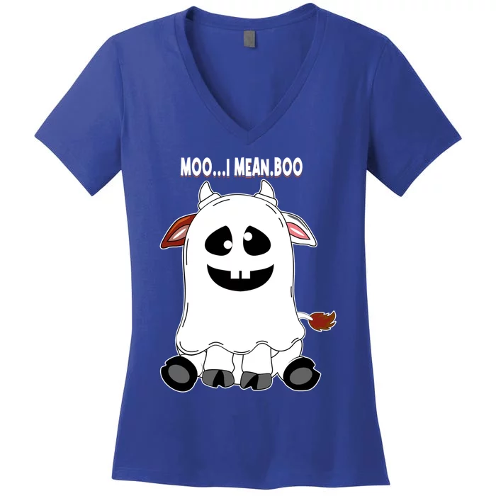 Moo I Mean Boo Funny Cow Halloween Gift Women's V-Neck T-Shirt