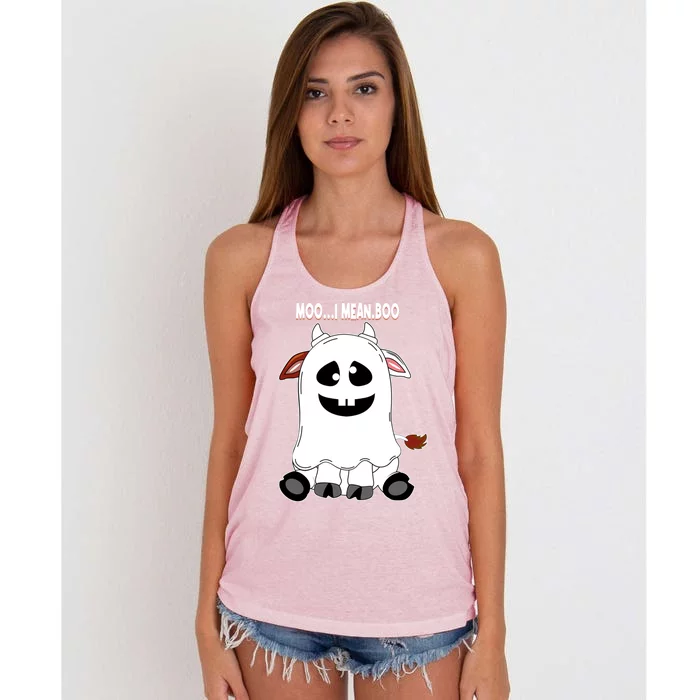 Moo I Mean Boo Funny Cow Halloween Gift Women's Knotted Racerback Tank