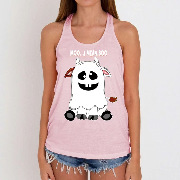 Moo I Mean Boo Funny Cow Halloween Gift Women's Knotted Racerback Tank