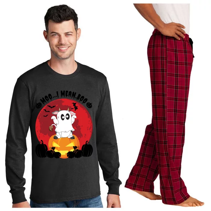 Moo I Mean Boo Ghost Cow Ghost Halloween Gift Long Sleeve Pajama Set