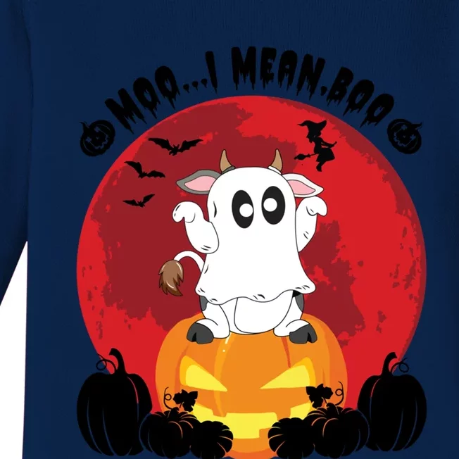 Moo I Mean Boo Ghost Cow Ghost Halloween Gift Baby Long Sleeve Bodysuit