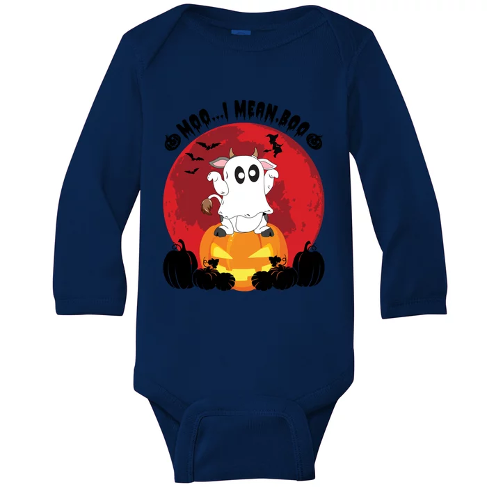 Moo I Mean Boo Ghost Cow Ghost Halloween Gift Baby Long Sleeve Bodysuit