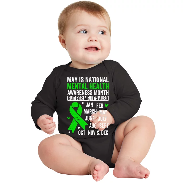 May Is Mental Health Awareness Month Green Ribbon Support Baby Long Sleeve Bodysuit