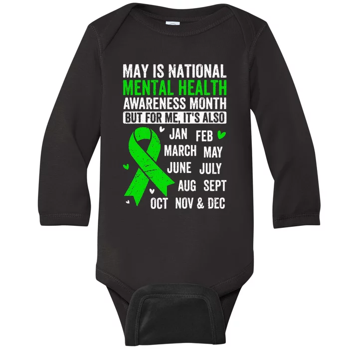 May Is Mental Health Awareness Month Green Ribbon Support Baby Long Sleeve Bodysuit