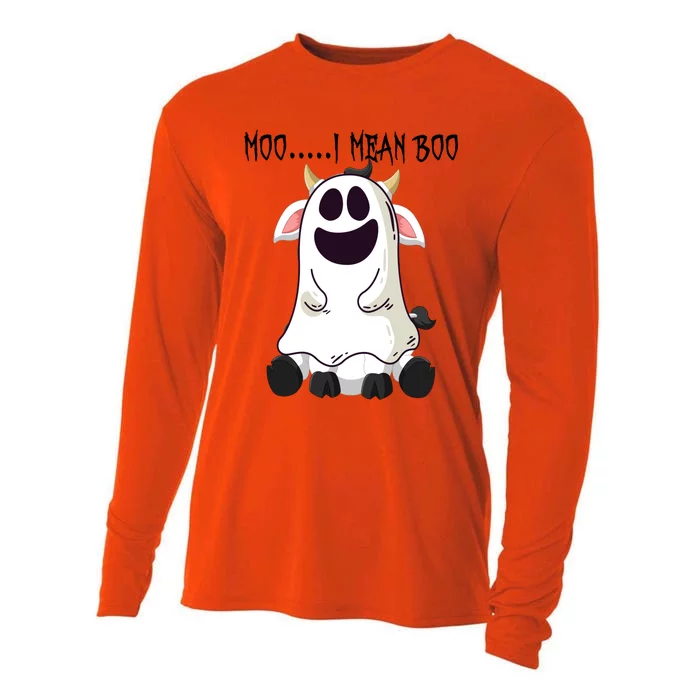 Moo I Mean Boo Ghost Cow Halloween Farmer Gift Cooling Performance Long Sleeve Crew