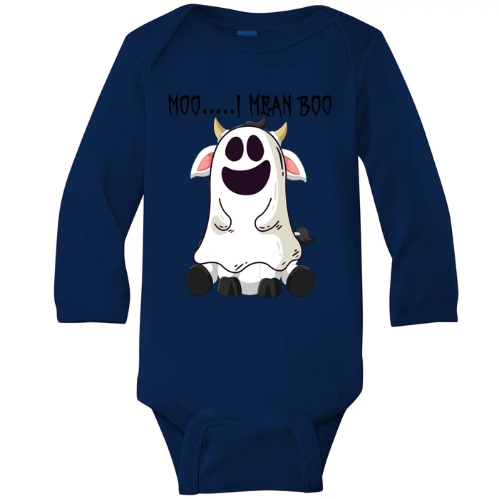 Moo I Mean Boo Ghost Cow Halloween Farmer Gift Baby Long Sleeve Bodysuit