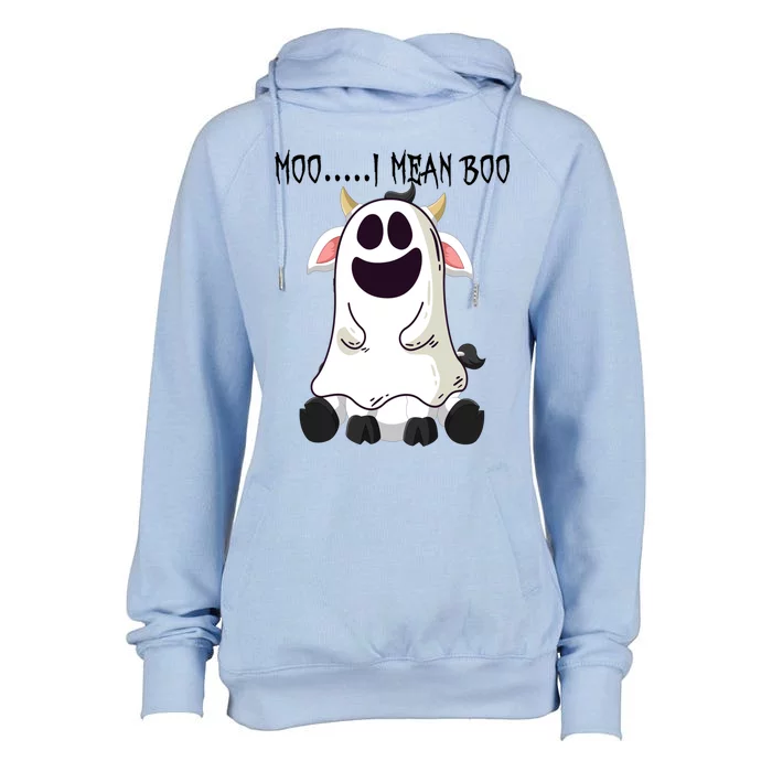 Moo I Mean Boo Ghost Cow Halloween Farmer Gift Womens Funnel Neck Pullover Hood