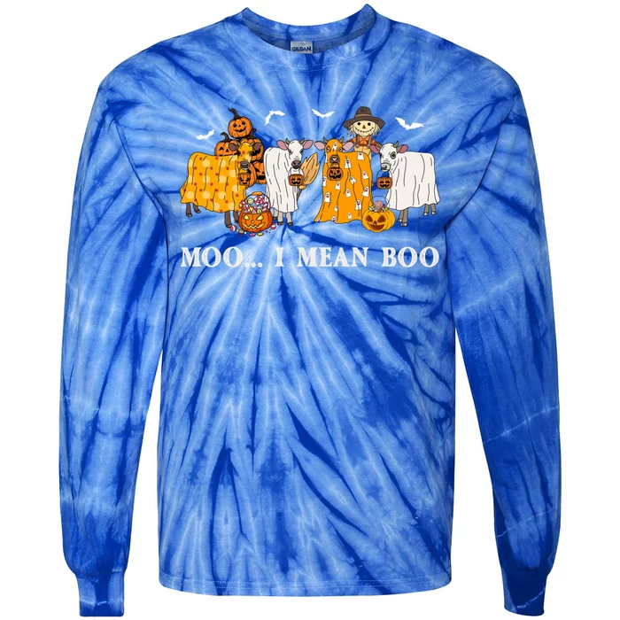 Moo I Mean Boo Cow Ghost Farm Animal Halloween Costume Gift Tie-Dye Long Sleeve Shirt