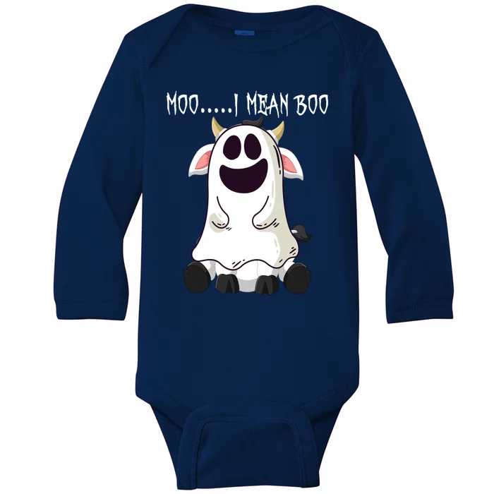 Moo I Mean Boo Ghost Cow Halloween Farmer Funny Gift Baby Long Sleeve Bodysuit