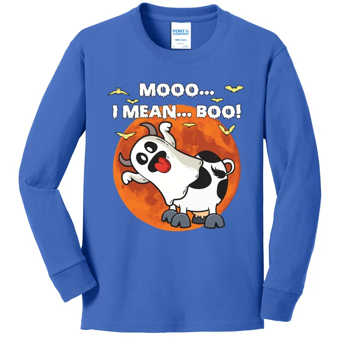 Moo I Mean Boo Ghost Cow Halloween Moon Gift Kids Long Sleeve Shirt