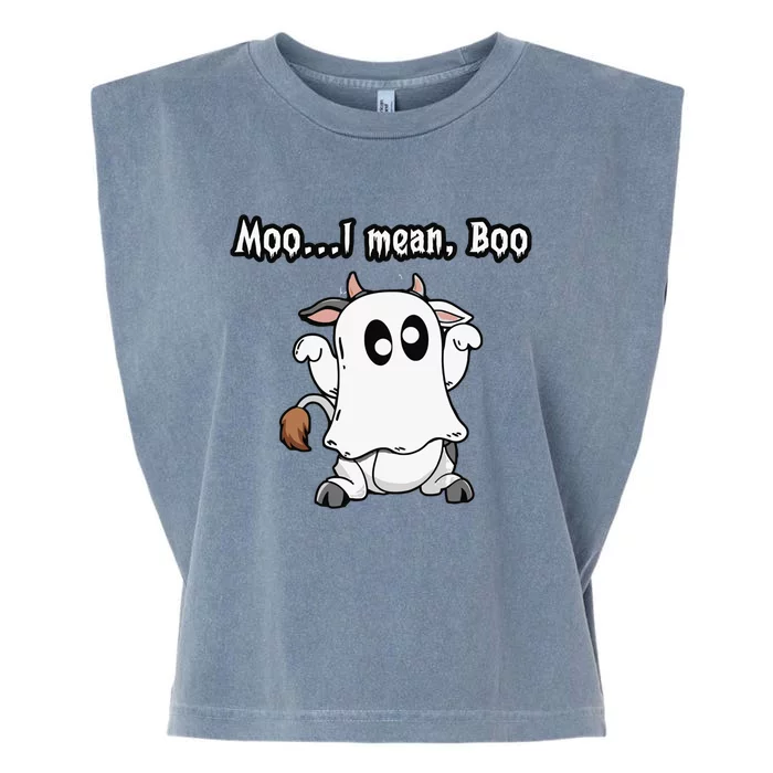 Moo I Mean Boo Ghost Cowfunny Halloween Cow Boo Gift Garment-Dyed Women's Muscle Tee