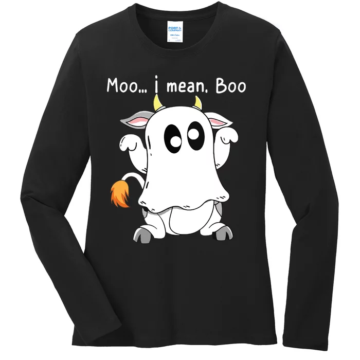 Moo I Mean Boo Ghost Cow Ghost Cow Halloween Farmer Ladies Long Sleeve Shirt