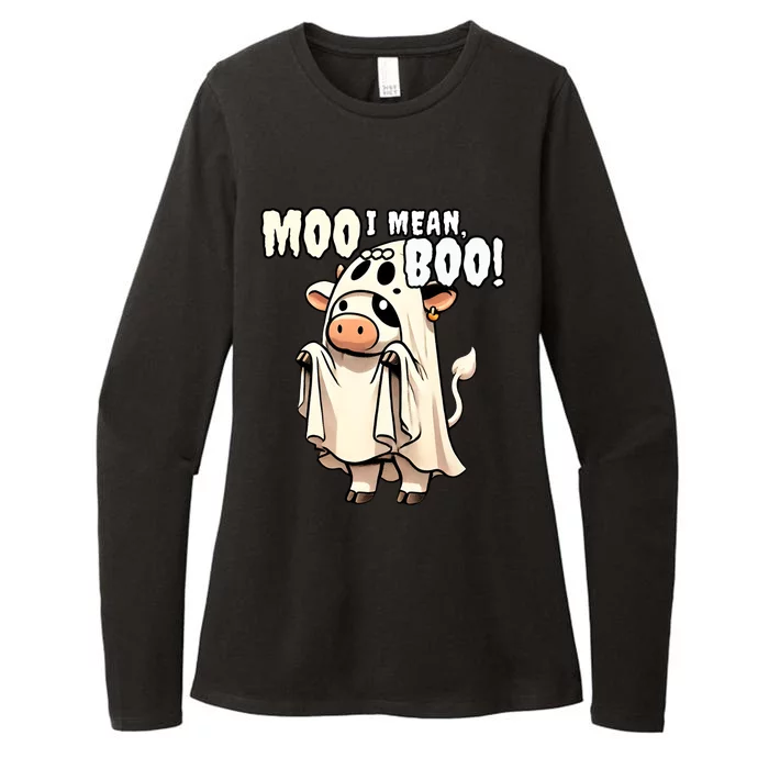 Moo I Mean Boo Funny Cow Ghost Halloween 2024 Costume Gift Womens CVC Long Sleeve Shirt